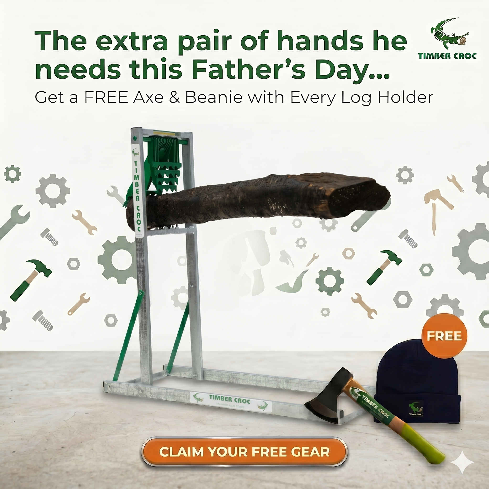 2026 Father's Day Offer - Galvanised Timber Croc Log Holder + FREE Hat & AXE