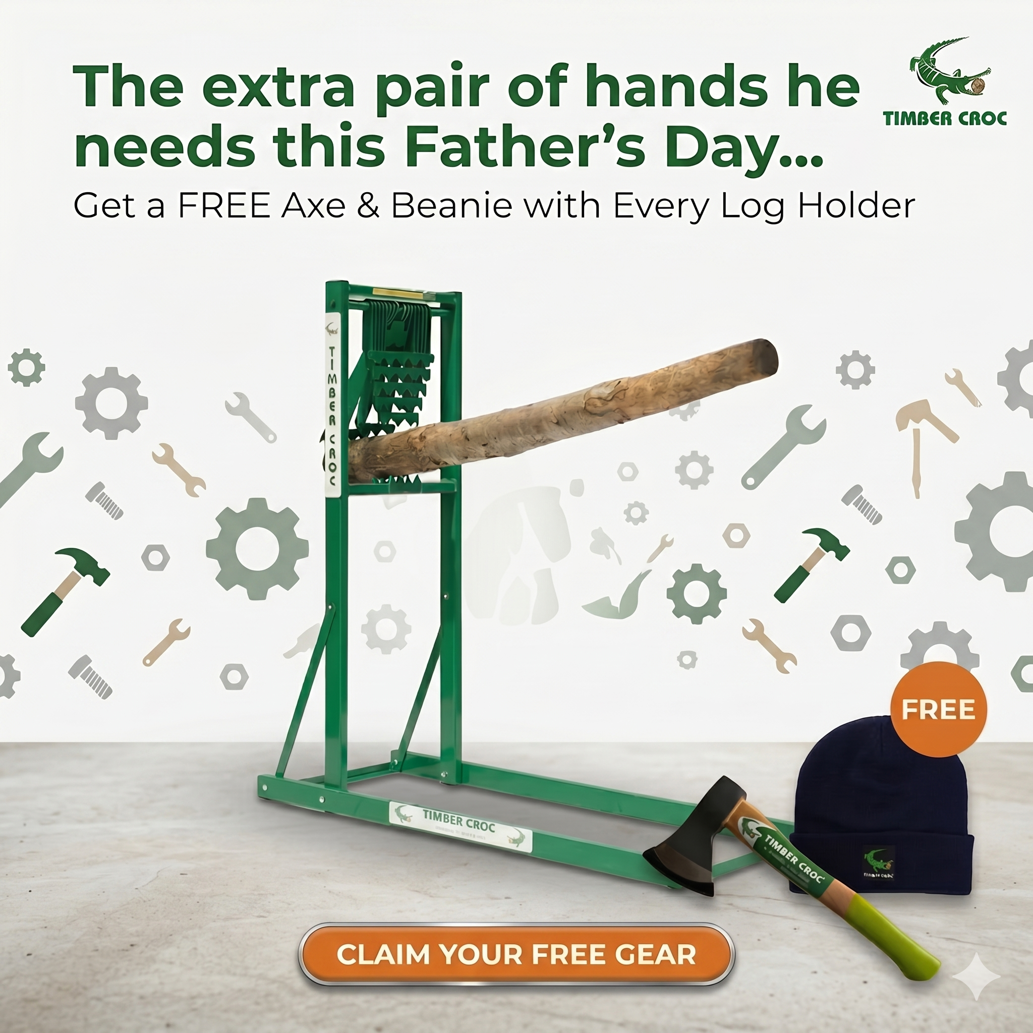 2026 Father's Day Offer - Green Timber Croc Log Holder + FREE Hat & AXE