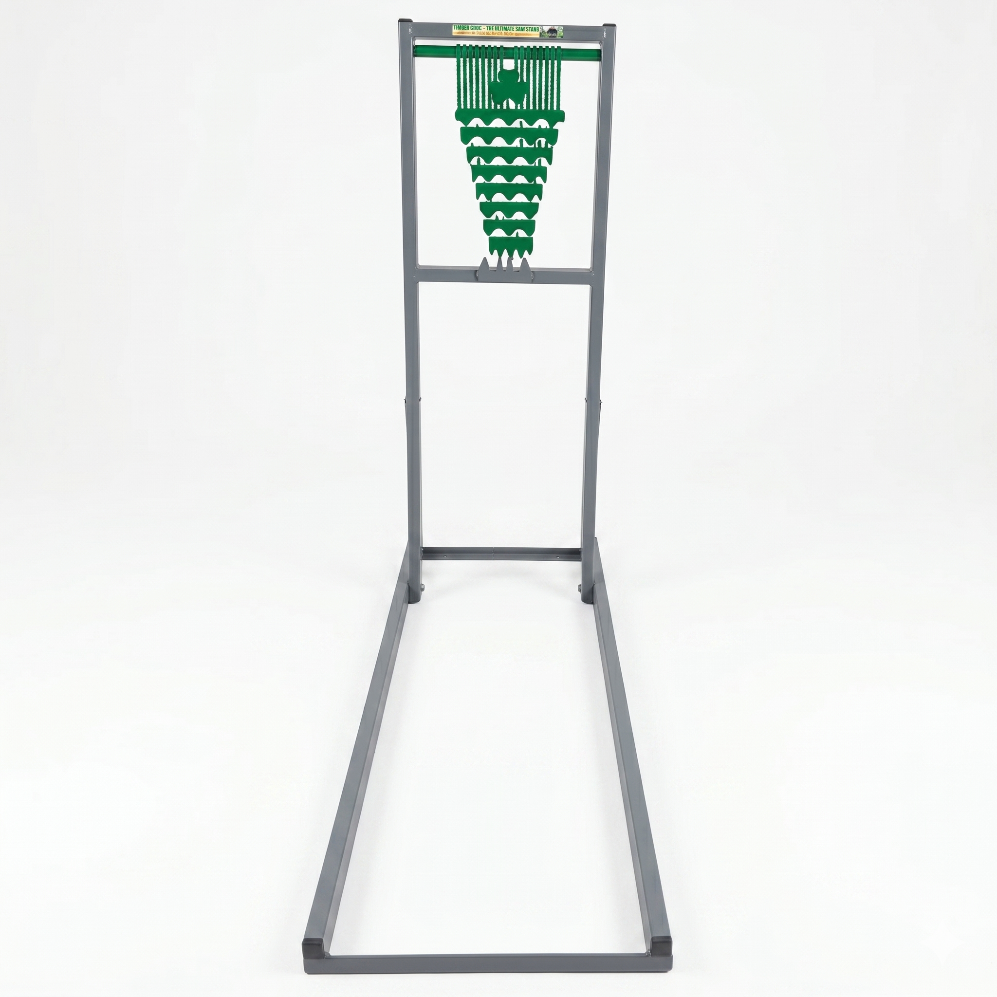 Grey steel Timber Croc Standard Flagship log holder holding a heavy wooden log securely in its multi-tooth jaws for chainsaw cutting.