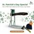 St. Patrick's Day promotion with log holder, axe, and beanie on a white background with shamrock patterns.